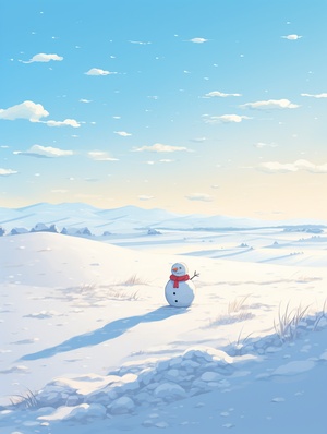 坐在雪地上的雪人，kawaiipunk风格，极简漫画，makoto shinkai，红色和天蓝，简单，极简纯洁，唐纳德·帕斯