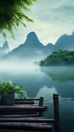 This is a landscape photo with a bamboo raft in Guilin in the foreground and a misty landscape in the distance. The emerald green lake water sets off a peaceful atmosphere, with a refreshing and soothing overall tone. 4K, best quality, high resolution. Original style-