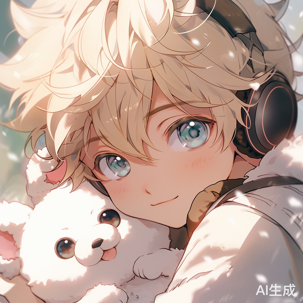 金发男孩拥抱小熊娃娃的可爱动漫少年