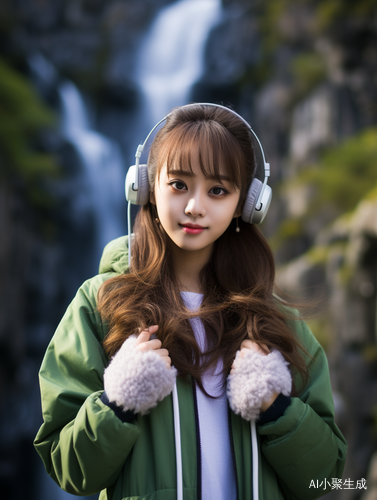 中国美女穿绿色羽绒服站在瀑布旁