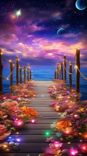 Dreamy Beach: Under the Starry Sky with Rainbow, Roses, and Crystal Pebbles