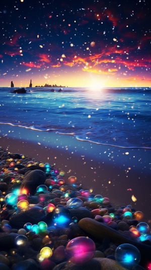 Dreamy Beach: Under the Starry Sky with Rainbow, Roses, and Crystal Pebbles