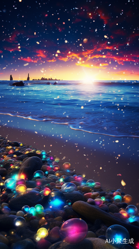 Dreamy Beach: Under the Starry Sky with Rainbow, Roses, and Crystal Pebbles