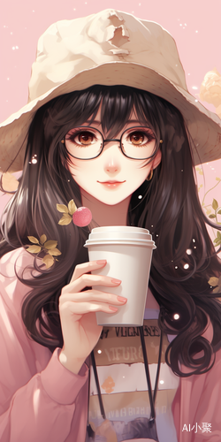 Girl in Pink Hat with Milk Tea Cup