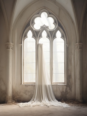 an abandoned room with an arched window, in the style of joel robison, dark white and light gray, baroque-inspired details, petrina hicks, regional gothic, topographic photography, ornate