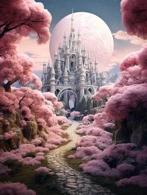 Hyper-detailed Pink Forest and White Castle: A Surreal Digital Painting by Greg Rutkowski and Other Artists