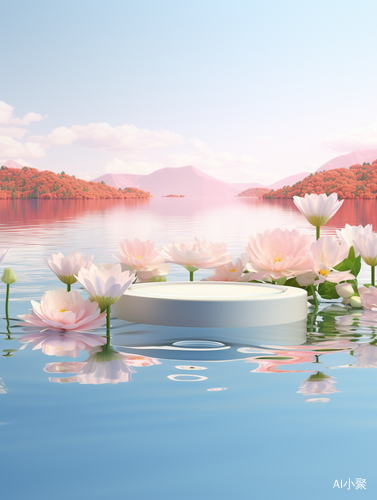 Minimalist Lake with Flower Surroundings and Gradient Background