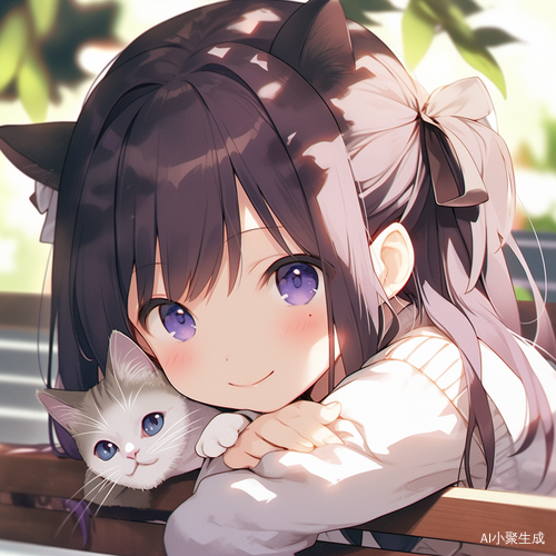 可爱小女孩与小黑猫的甜美户外场景
