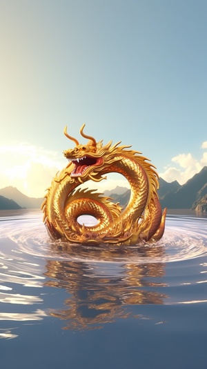 CG animation of a golden Chinese dragon swimming on the lake, the dragon is large and long, an ancient Chinese woman in a flowing costume of red silk forms a circle of ripples on the water, from the perspective of the drone, minimalism, strong sense of loneliness, master photography, blue lake water, the world of Chinese martial arts, Chinese mythological scenes, bright colors, sunlight, lake, fear of heights, chiaroscuro, backlight and motion lines, textured skin, HD Detail, Ultra Detail, Ultra High Defini