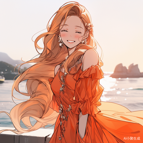 橙色衣服橙色长发海边笑容明媚