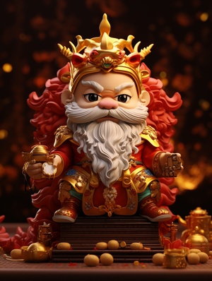 ip design, Popmart style, blind box toys, God of Wealth head wearing dragon horns, send gold coins, red envelopes, New Year, dragon, fire, 3d, cute, best picture quality, official art, 8k wallpaper, high details, rich details, New Year, Spring Festival, 3d rendering, 8k, super details, front view 3:4v 6