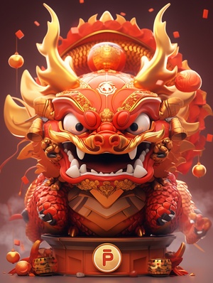 ip design, Popmart style, blind box toys, God of Wealth head wearing dragon horns, send gold coins, red envelopes, New Year, dragon, fire, 3d, cute, best picture quality, official art, 8k wallpaper, high details, rich details, New Year, Spring Festival, 3d rendering, 8k, super details, front view