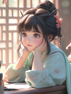 A five year old Chinese girl wearing a light blue Hanfu, very cute, with a cute and beautiful round face. She sits in front of a desk and looks up at the sky, confident, charming, antique, CG rendered, cg rendering niji 5 ar 3:4 - -s 750