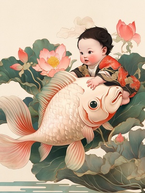 there is a baby sitting on a fish with a flower in its mouth, by Sheng Maoye, by Chen Jiru, ancient china art style, by Qiu Ying, a beautiful artwork illustration, by Qu Leilei, nezha, jc leyendecker and sachin teng, yanjun chengt, chinese style painting, chinese surrealism, traditional chinese art