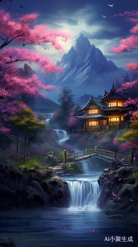 夜晚的山林木屋，马灯高挂，小河潺潺