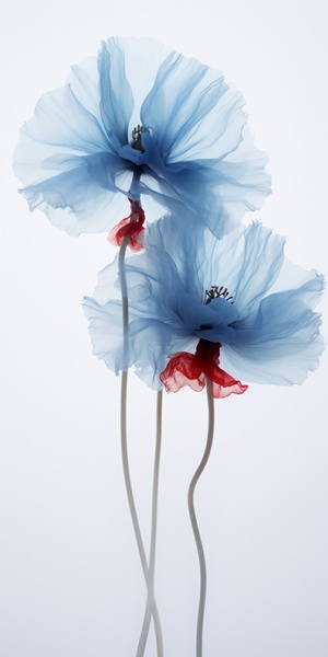 Close-up, lowered head, poppy flowers made of smoke, floating in the air, by akos major,abstract, motion blur, frozen moment, stunning imagination, 雾霾蓝和白色, dissipate, as silky as water