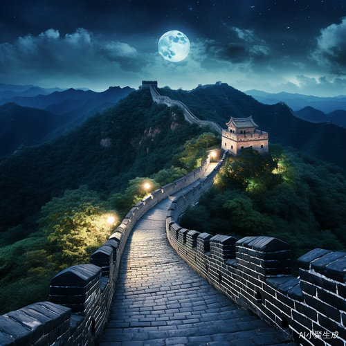 中国长城上空的明亮月光