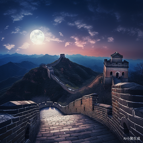 中国长城上空的明亮月光