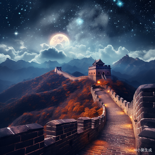 中国长城上空的明亮月光