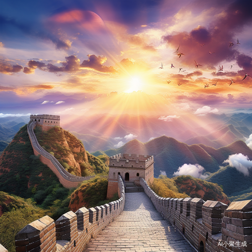 震撼中国：太阳、月亮照耀长城，洁白鸽子飞翔，气旋彩虹云成十字