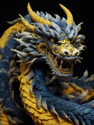 a blue and gold painted chinese dragon figure,full body,adorable,laughing,funny action,It is made of Wool texture,The muppet,wool process, realist fine details, conceptual embroideries, dark yellow and light indigo, intense close-ups, paper sculptures, hyper-realistic animal illustrations