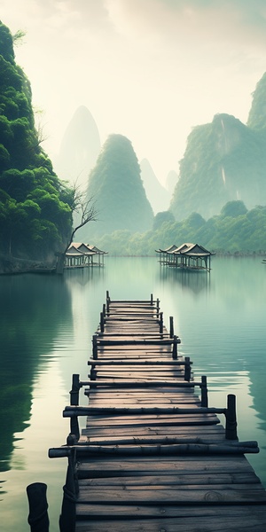 This is a landscape photo with a bamboo raft in Guilin in the foreground and a misty landscape in the distance. The emerald green lake water sets off a peaceful atmosphere, with a refreshing and soothing overall tone. 4K, best quality, high resolution. Original style-