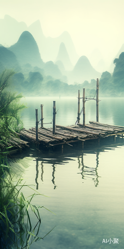 Misty Landscape: Bamboo Raft and Emerald Green Lake