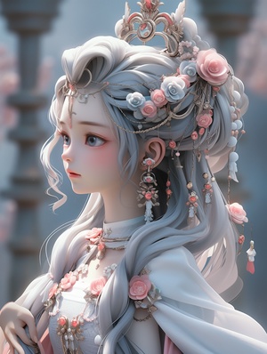 beauty asian anime female character by eric garland art, in the style of 32k uhd, tang dynasty, dark silver and pink, dollcore, exquisite detail, dark white and aquamarine, shige's visual aesthetic style