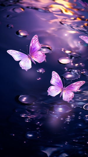 There are purple butterflies floating on the water. Sparkling, glowing, yellow clear water ripples, purple butterflies, delicate butterflies, shining, dreamy, halo, clean background, texture iw 2 v 6 style raw ar 3:4 s 250 turbo