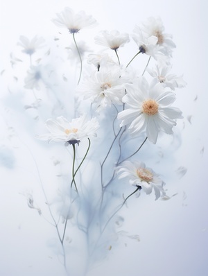 Close-up, lowered head, Small daisys made of smoke, floating in the air, by akos major,abstract, motion blur, frozen moment, stunning imagination, 雾霾蓝和白色, dissipate, as silky as water