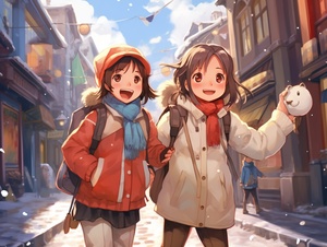 The daily life of the three girls wearing down jackets, such as shopping, hiking, going to the park, eating, partying, beautiful streets, Miyazaki style, and visible snowflakes floating in the sky