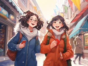 The daily life of the three girls wearing down jackets, such as shopping, hiking, going to the park, eating, partying, beautiful streets, Miyazaki style, and visible snowflakes floating in the sky