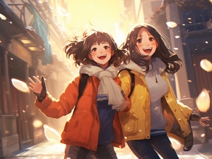 The daily life of the three girls wearing down jackets, such as shopping, hiking, going to the park, eating, partying, beautiful streets, Miyazaki style, and visible snowflakes floating in the sky