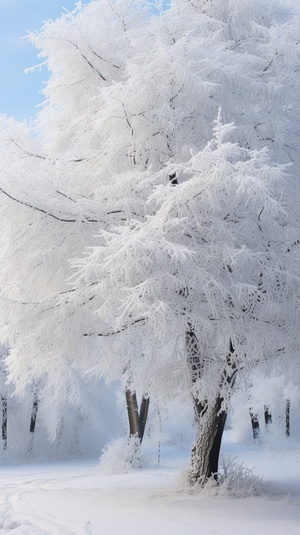 雪花纷飞，银白花朵点缀树枝，冰雪世界