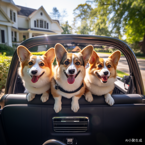 柯基犬前排开车 后排三只柯基犬