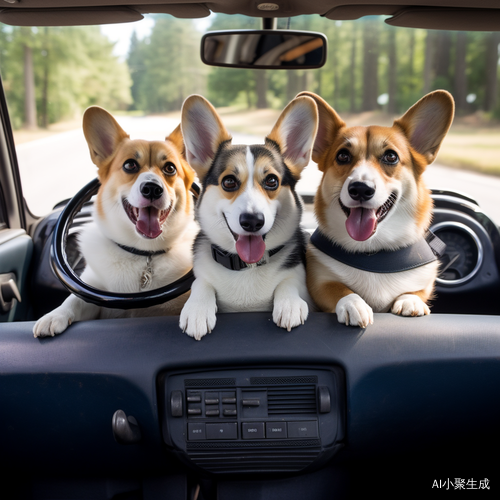 柯基犬前排扶着方向盘 后排三只柯基犬