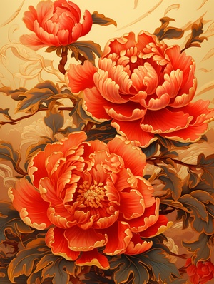 Peonies in Full Bloom: A Gold Scroll of Chinese New Year Style