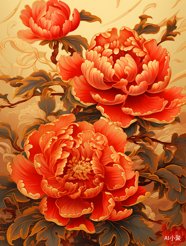 Peonies in Full Bloom: A Gold Scroll of Chinese New Year Style