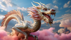 Golden Dragon, Chinese style, Chinese Dragon, distinct levels, clear details, natural harmony, light illuminated, bright, pink light blue clouds, lifelike take-off Golden Dragon, 3D halo dyeing, HD, HDR,16k, full texture