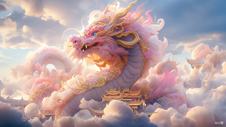 Golden Dragon in Chinese Style with Distinct Layers and Clear Details: A Natural Harmony of Light Illumination and Brightness, Enhanced with Pink and Light Blue Clouds. Lifelike and Soaring, with 3D Halo Dyeing, HD, HDR, 16k Resolution, and Full Texture. Uniform and Bright Light Shines on a Woman in White Chinese Costume, Creating a Bumpy and Exquisite Fairy.