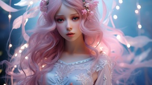 Long pink hair, exquisite facial features, big eyes full of aura, beautiful appearance, fair and transparent skin, perfect and slim figure, bumpy, woman in white Chinese costume, fairy, 16K picture quality, looming in pink-blue smoke, ultra-high definition, realistic, realistic, glowing, bright picture, 3D rendering