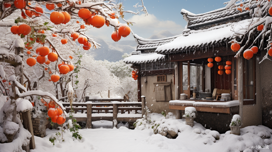 柿子树下的红灯笼与飞舞雪花