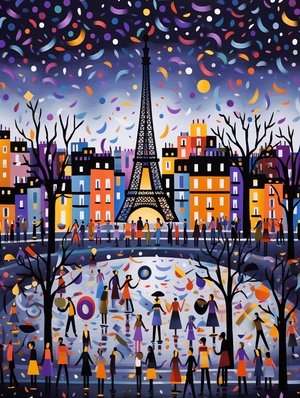 painting of rhythm in Paris by Bob Staake, darkwhite, violet, yellow, blue ar 3:4style raw stylize 300 v 6.0