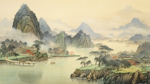 国风插画，鎏金描边，一座青翠的山峦屹立在画面中央，巍峨挺拔，宛如一位威严的长者。山脚下，一条清澈的溪流蜿蜒流淌，如同一条银色的丝带，轻盈地穿越着翠绿的树林，映衬着远处的村庄。村庄的房屋以古朴的灰色为主色调，屋顶上覆盖着古老的青瓦，散发着岁月的沧桑气息。在村庄周围，一片郁郁葱葱的稻田和翠绿的竹林将整个画面装点得生机盎然。整个画面充满了宁静、祥和和古朴的国风气息。