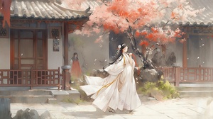 唯美中国古风插画：芳香绕院，春华美如画