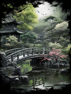 a pond and wooden bridge are near a pagoda, in the style of green and black, dreamy romanticism, 32k uhd, [xu bing], green and gray, nature, colorful gardens ar 3:4