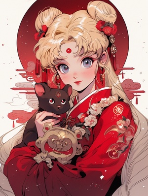 新年，New Year，happy，Sailor MOON, a beautiful girl warrior, happy, red and blue Chinese doll, sailor moon comic style, appropriation artist, shining eyes, pale color palette, apple, new Baroque, tondo ar 60:61