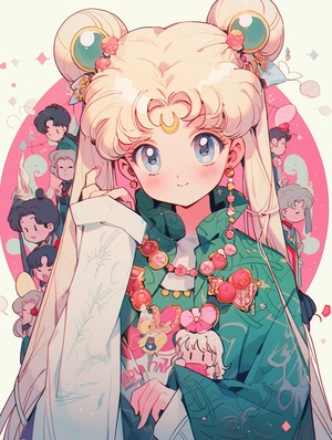 新年，New Year，happy，Sailor MOON, a beautiful girl warrior, happy, red and blue Chinese doll, sailor moon comic style, appropriation artist, shining eyes, pale color palette, apple, new Baroque, tondo ar 60:61