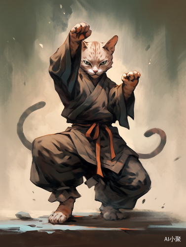 Martial Art Cat Warrior in Karate Pose: Oil Painting