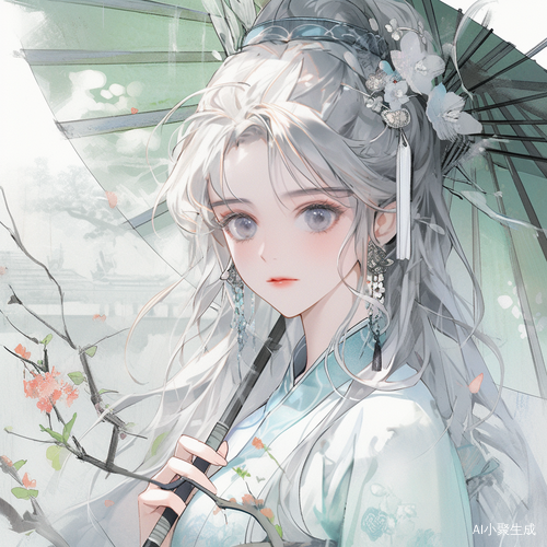 古风少女在繁华街道上手持团扇